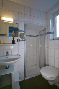 ヴィーク・アウフ・フェールにあるHaus Gud Hööb Whg 01のバスルーム(洗面台、トイレ、シャワー付)
