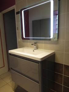 een badkamer met een witte wastafel en een spiegel bij maison ancienne rénovée tout confort in Narcy