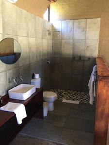 Un baño con lavabo, inodoro y ducha. en Ithaba Falls Guest Farm Farm L59, Buffelsvley, Burgersfort, 1150, en Boerboomskraal 72 fotos más