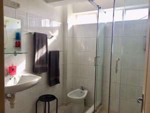a bathroom with a shower and a sink and a toilet at La Péninsule Town Apartment Curepipe No 4 in Curepipe