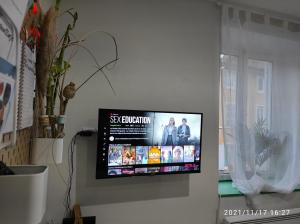 een flatscreen-tv aan een muur bij L'Appart & verte à l Arbresle in LʼArbresle