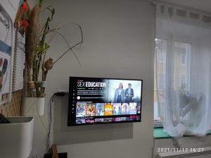 Elle comprend une télévision à écran plat suspendue au mur. dans l'établissement L'Appart & verte à l Arbresle, à LʼArbresle