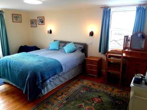 布德的住宿－Sharlands Farm Bed and Breakfast，一间卧室配有一张带蓝色枕头的床和电视。