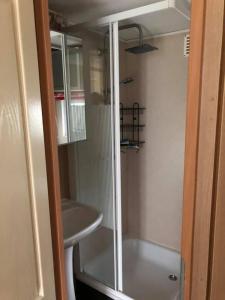 a small bathroom with a shower and a sink at Chalet 4-5 Pers in Epe F16 Van alle gemakken voorzien Max aantal volwassenen is 4 in Epe