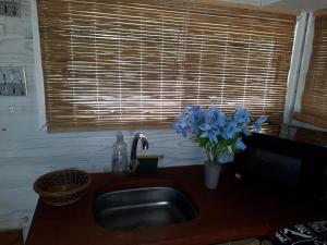 a kitchen sink with a vase of blue flowers on it at La Maison De Valerie 2 in Punta Del Diablo +88 photos