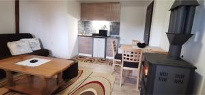 a living room with a stove and a kitchen at Apartman ALTA in Vlasic