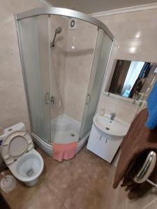 uma casa de banho com um chuveiro, um WC e um lavatório. em Отель Юность em Kiev