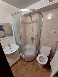 a bathroom with a shower and a toilet and a sink at Отель Юность in Kyiv +5 photos
