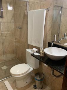 een badkamer met een toilet, een wastafel en een douche bij Pousada Schmitz in Canela