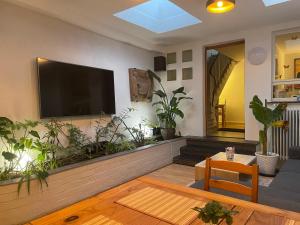 uma sala de estar com uma televisão de ecrã plano e plantas em Trier City Center Apartments & Stadthaus, Zentrum em Trier