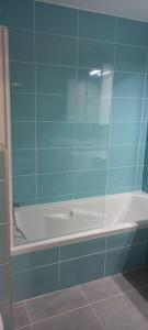 a bathroom with a bath tub with a glass window at 100m lac et piste cyclable avec parking gratuit in Sévrier +14 photos