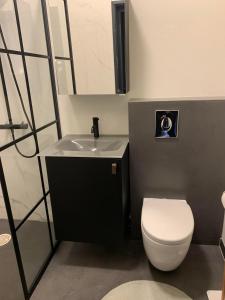 a bathroom with a white toilet and a sink at Broncks Apartment 1 - Modern 2-Bedroom in the Heart of Tórshavn in Tórshavn +21 photos
