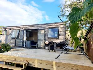 una casa pequeña con terraza y mesa en Dunedin Luxurious Retreat Cabin en Dunedin