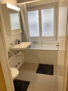a bathroom with a toilet and a sink and a window at City Center Premium Apartment - Buchs SG in Buchs