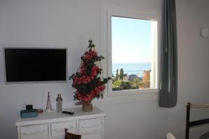 a living room with a christmas tree and a window at Sereíña Beach in Vigo