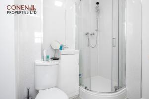 a white bathroom with a shower and a toilet at CONEN Aplite Apartment in London