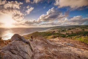 a person sitting on top of a rock near the ocean at Santosha Barbados in Saint Andrew