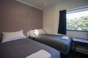 two beds in a small room with a window at Shearvue Farmstay with Optional Free Farm Experience at 5pm in Fairlie