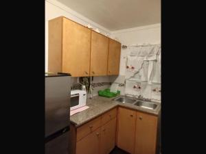 a kitchen with wooden cabinets and a sink and a microwave at Room in Apartment - Bahamas petapat suite in Nassau