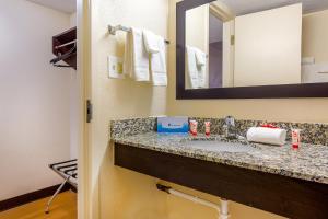 a bathroom with a sink and a mirror at OYO Hotel Moline Downtown IL I-74 North in Moline