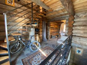 Mountain Cricket Chalets and Apartments Gudauri في غودواري: دراجة متوقفة في غرفة مع جدران خشبية