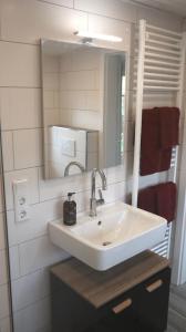 a bathroom with a white sink and a mirror at Ferienwohnung Diekblick - Kleiner Deichhof in Hattstedtermarsch