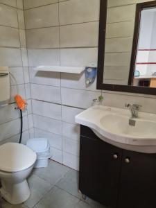 a bathroom with a toilet and a sink and a mirror at Nice Place Eilat in Eilat