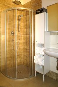 La salle de bains est pourvue d'une cabine de douche, d'un lavabo et de serviettes. dans l'établissement Apartment Ingrid - FUC170 by Interhome, à Fusch an der Glocknerstraße