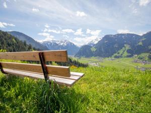 um banco de madeira sentado no topo de uma colina verdejante em Holiday Home Borleitenhof - MHO588 by Interhome em Ramsberg