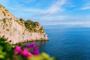 a cliff overlooking the ocean with purple flowers at Villa Eris Amalfi Coast in Conca dei Marini