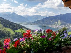 a view of a lake and flowers on a mountain at Apartment Haus Schneider by Interhome in Thumersbach