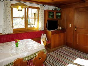 Schlafzimmer mit einem Bett, einem TV und einem Fenster in der Unterkunft Holiday Home Oberhaus - FBZ236 by Interhome in Finkenberg