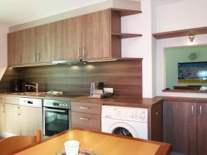 a kitchen with wooden cabinets and a white dishwasher at Holiday Home Aster by Interhome in Tösens