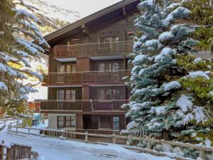 um alojamento de turismo selvagem na neve com uma árvore coberta de neve em Apartment Sungold-1 by Interhome em Zermatt