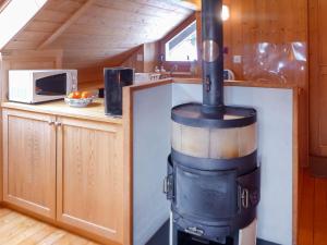 a wood stove in a kitchen with a microwave at Apartment Les Fougères by Interhome in Les Rasses