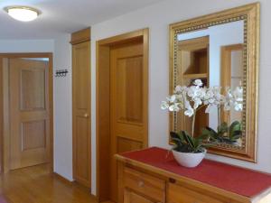 una habitación con espejo y una mesa con una planta. en Apartment Chalet Nagano by Interhome, en Grindelwald