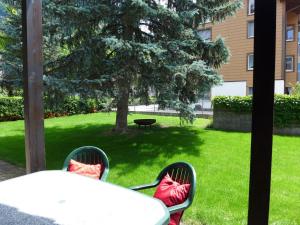 einen Tisch mit roten Kissen auf einem Stuhl im Hof in der Unterkunft Apartment von Allmen by Interhome in Wilderswil