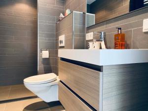 a bathroom with a white toilet and a sink at B&B Winterresidentie in Tilburg +12 photos