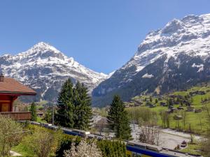 a train in front of a snow covered mountain at Apartment Chalet Eiger-1 by Interhome in Grindelwald