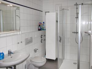 uma casa de banho com um chuveiro, um WC e um lavatório. em Apartment Strandvilla - LUB111 by Interhome em Lubmin