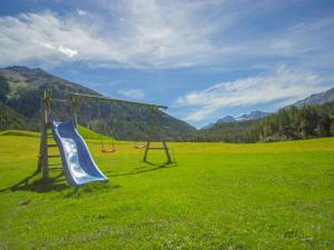 a slide in a green field with mountains in the background at Apartment Schmittnhof by Interhome in Niederthai