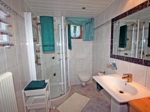 a bathroom with a shower and a sink and a toilet at Apartment Hagele by Interhome in Flaurling