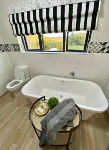 a bathroom with a bath tub and a toilet at Valley Lakes THE LODGE in Underberg