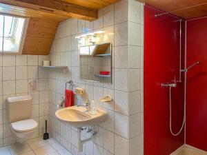 ein Bad mit einem WC, einem Waschbecken und einer Dusche in der Unterkunft Apartment Arn's Ferienwohnung-2 by Interhome in Wangenried  