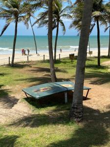 una mesa de picnic en la playa con palmeras en Apt Aconchegante no Wai Wai na praia de Cumbuco, en Cumbuco