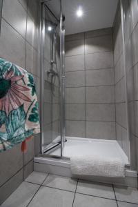 e bagno con doccia, asciugamano e doccia. di Stylish Studio in the Heart of the English Riviera a Torquay