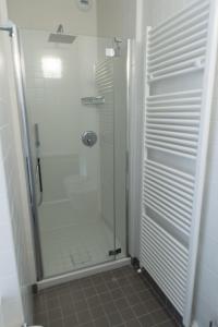 a shower with a glass door in a bathroom at Residenza Luigina in Varenna