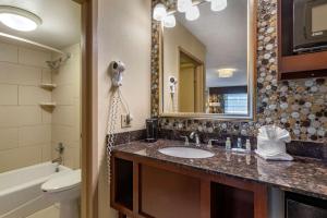 a bathroom with a sink, mirror, and bathtub at Quality Inn Near the Island Pigeon Forge in Pigeon Forge