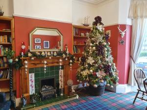 a living room with a christmas tree and a fireplace at The Braemar Southport in Southport