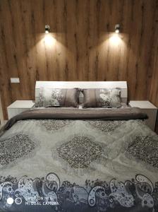 1 dormitorio con 1 cama grande y paredes de madera en Home and SPA en Kiev